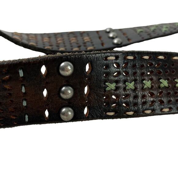 BKE Buckle Embroidered Brown Leather Studded Belt w/ Buckle Laser Cut Outs sz L - Picture 10 of 16